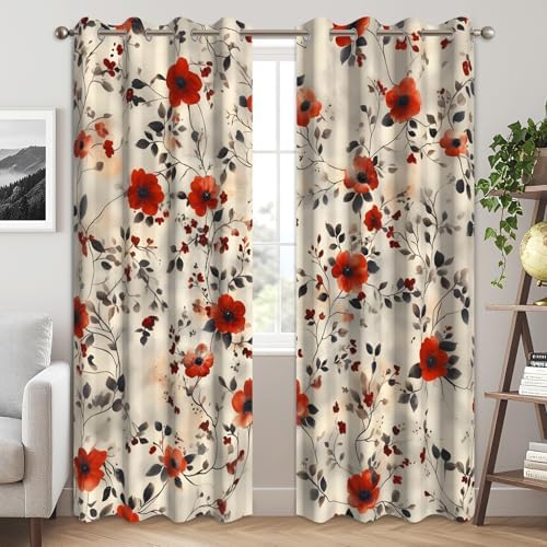 Floral Blackout Curtains for Bedroom 84 Inch Long - Red Flower and Black Leaf Botanical Pattern, Light Blocking Window Drapes for Farmhouse and Modern Living Room and Home Decor