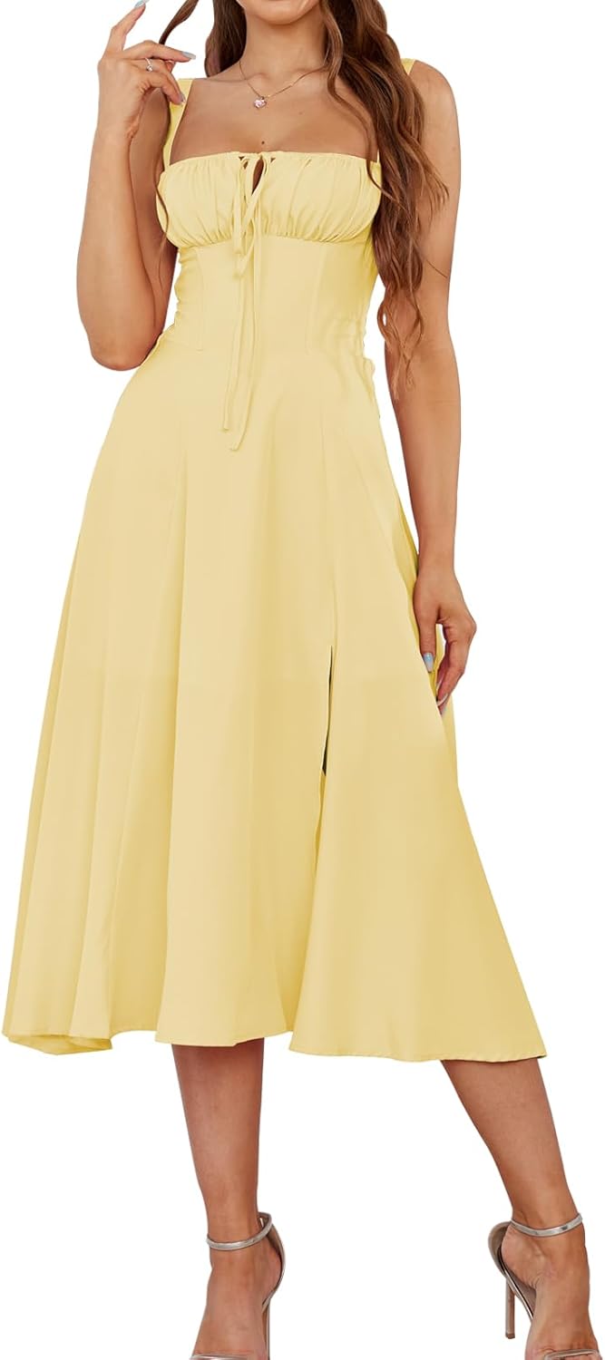 Women Summer Corset Midi Dress 2026 Floral Wedding Guest Flowy Slit Lace Up Dresses Tea Party A Line Casual Milkmaid Sundress