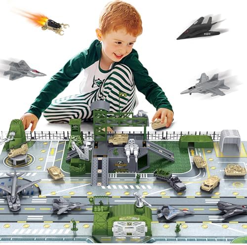 XDUOYJOY Military Base Toy, Army Toys Set with 13 Vehicles Airplane Tank Trucks Helicopter Fighter Jet, Play Mat with Army Men Action Figures and Accessories, Birthday Gift for Kids