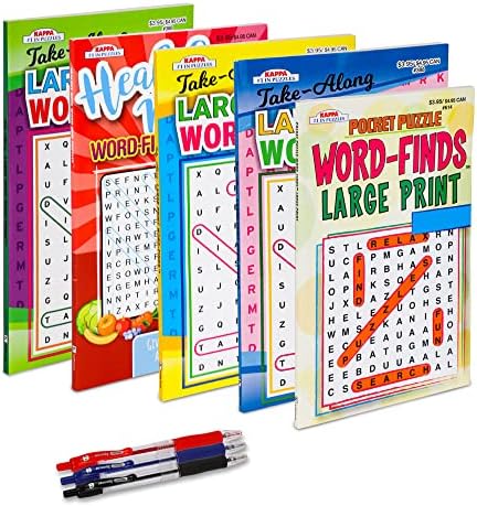 5-Pack 450+ Travel-Size WordSearch Puzzle Books for Adults, Aging Seniors Brain Stimulation Large Print Words Activity Books (Variety Pack Bulk), Paperback – Digest Size 8x5”