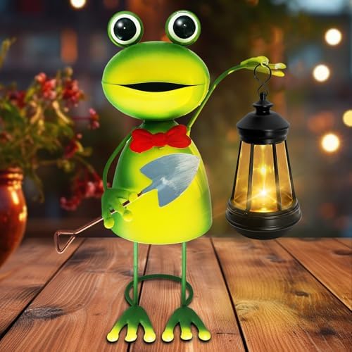 Solar Garden Lights Frog Statue with Solar Lantern,13.78in Tall Frog Decor Fairy Accessories,Mothers Day Birthday Gifts for Women Mom Grandma,Big Metal Decorative Stakes for Home Decor,Patio,Yard Art