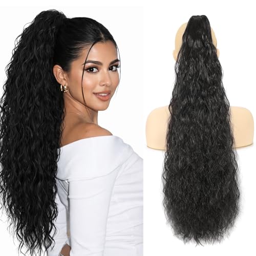 Claw Clip Long Wavy Ponytail Extension for Women, Curly Pony Tail Hairpiece, Layered Fluffy Natural Looking Synthetic Clip-in Hair Extensions for Daily Use (Black, 26 Inch)
