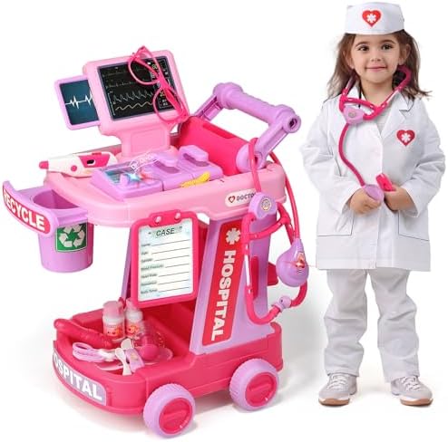 Liberry Doctor Kit for Toddlers Ages 2 3 4 5, Pretend Kids Doctor Playset with Cart, Costume and Stethoscope, Role Play Medical Toys Birthday Gift for Girls Boys (Pink)