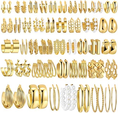 42 Pairs Gold Hoop Earrings Set for Women, Hypoallergenic Multipack Small to Chunky Hoops, Pearl & Twisted Trendy Earrings for Everyday Wear & Mothers Day Gifts