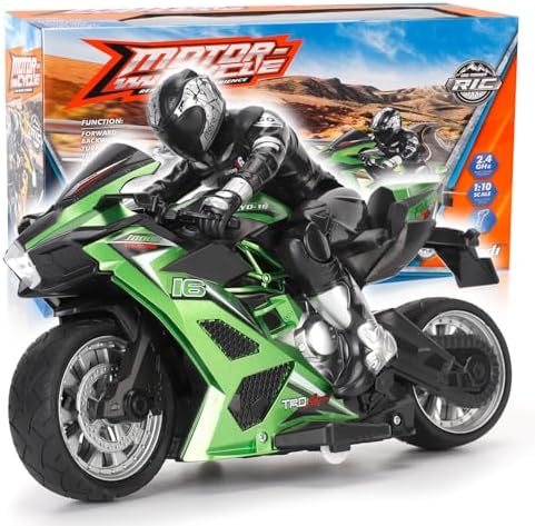 Liberty Imports 2.4G RC Remote Control Stunt Motorcycle with Riding Figure, 1:10 Scale High Speed Cross Country 360 Degree Rotation Drift Shockproof Racing Motorbike (Green)