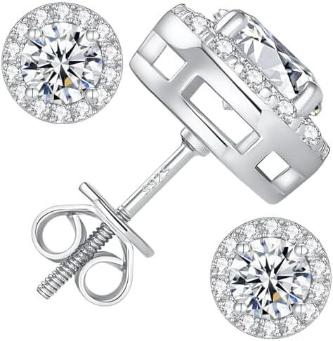 SUNFFEL Moissanite Halo Earrings Stud Screw Back 925 Sterling Silver Round Cut Brilliant Moissanite Gold/Silver Halo Earrings for Women Men
