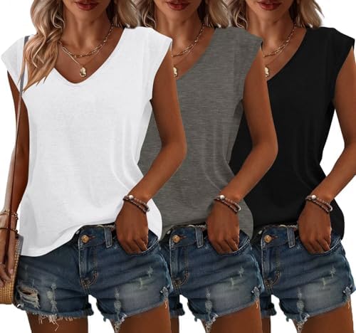 Bliwov 3 Pack Womens Cap Sleeve Tops V Neck T Shirts Summer Spring Outfits Beach Vacation Fashion Tee Blouse Workout Clothes