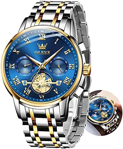 OLEVS Watches for Men with Date Luxury Big Face Waterproof Mens Wristwatch Analog Dress Two Tone Stainless Steel Man Watch Luminous Relojes De Hombre Calendar(Green/Blue/Black Dial