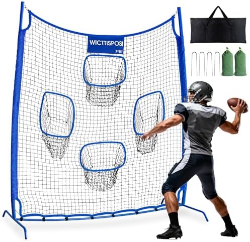 Football Throwing Net, Upgrade Heavy Duty Metal Frame Quarterback Training Equipment Throwing Machine with 1-4 Targets, Easy Setup Football Target Practice with CarryBag, Allweather Indoor Outdoor Use