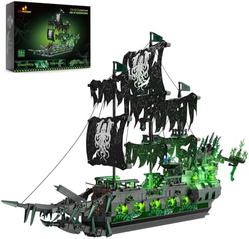 JMBricklayer Pirate Ship Building Toys with Lights, Ghost Ship Flying Dutchman Model Ship Boat 40001, Toy Building Sets for Adults, Easter Decor Christmas Birthday Easter Gifts (1100 PCS)