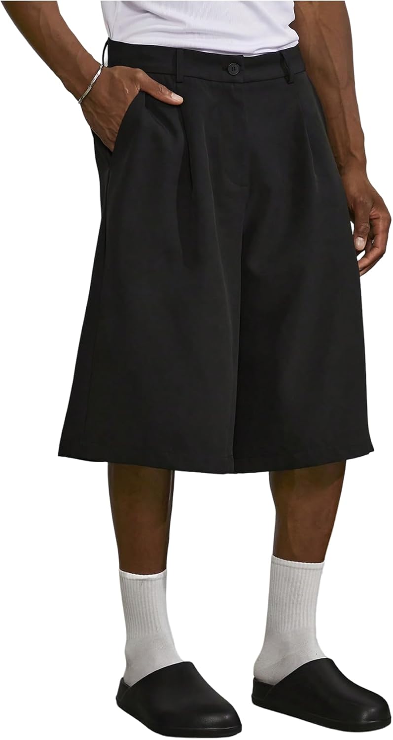 OYOANGLE Men's Pleated Crop Suit Loose Shorts Solid Straight Leg Summer Groom Casual Dress Shorts