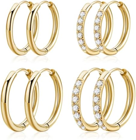 Small Gold Hoop Earrings for Women, Hypoallergenic 14K Gold Plated Stack Cartilage Earrings Multiple Piercing Jewelry Set, Lightweight Tiny Mini Thin Dainty Trendy Nickel-free for Sensitive Ears
