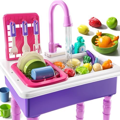 JUKUDAHU Play Sink with Running Water, Play Kitchen Toys Sink for Kids 3 4 5 6 7 Years Old, Electrical Dishwasher, Kitchen Accessories Set, Dishes Games, Gifts for Toddlers 3-5