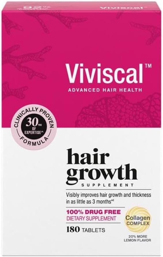 Viviscal Hair Growth Supplements for Women, Thicker Fuller Hair Support for Thinning Hair and Hair Loss, with Biotin and Marine Collagen, Drug-Free, 180 Tablets, 90-Day Supply