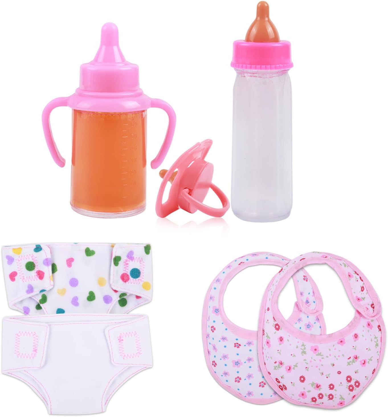 CARANOVO Baby Doll Accessories Set \u2013 7 Pcs Feeding and Caring Set with Magic Disappearing Bottles, Pacifier, Diapers and Bibs Doll Pretend Play Gift for Kids