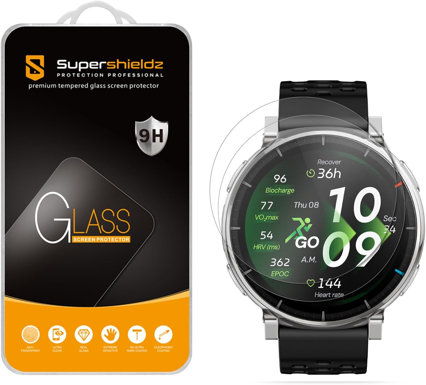 Supershieldz (2 Pack) Designed for Amazfit Active 3 Premium\/Balance 2 XT\/Balance 2 Tempered Glass Screen Protector, Anti Scratch, Bubble Free