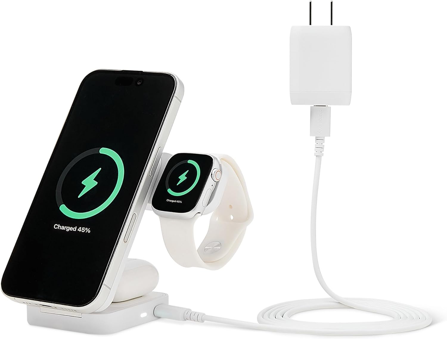 Amazon Basics MagSafe Compatible 25W Fast Charging Qi2.2 Certified 3-in-1 Wireless Charging Station, Foldable Stand for iPhone 17\/16\/15\/14\/13\/12, Apple Watch, AirPods, with 45W Adapter, White