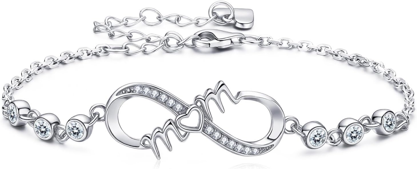 EleShow Moissanite Mom Bracelets, Sterling Silver Infinity Bracelet for Women, Jewelry Gifts for Mom from Daughter, Son on Birthday Mothers Day