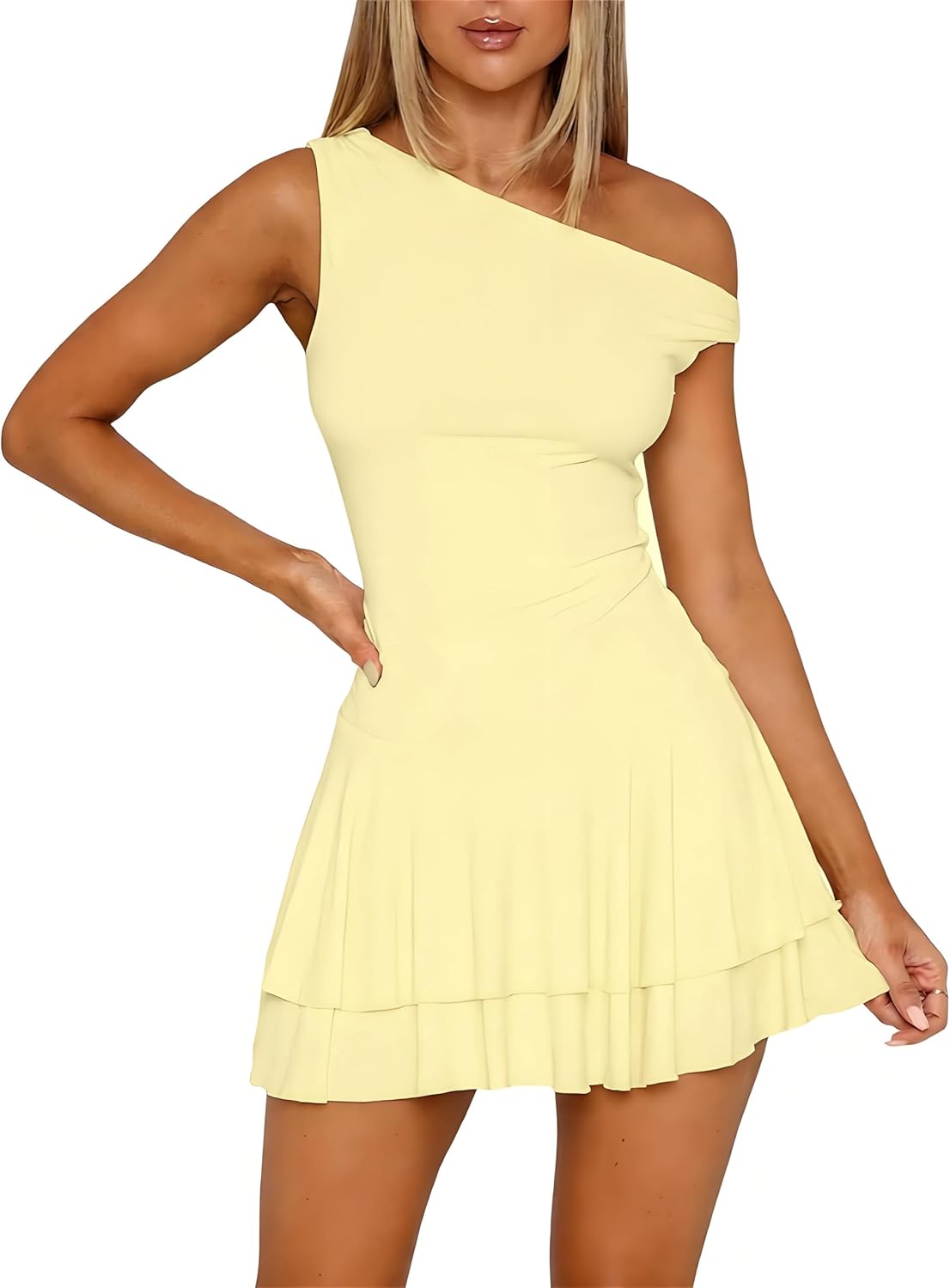ForeFair Women's Sexy Off Shoulder Bodycon Mini Dresses Sleeveless Ruffle Hem Party Club Short Dress