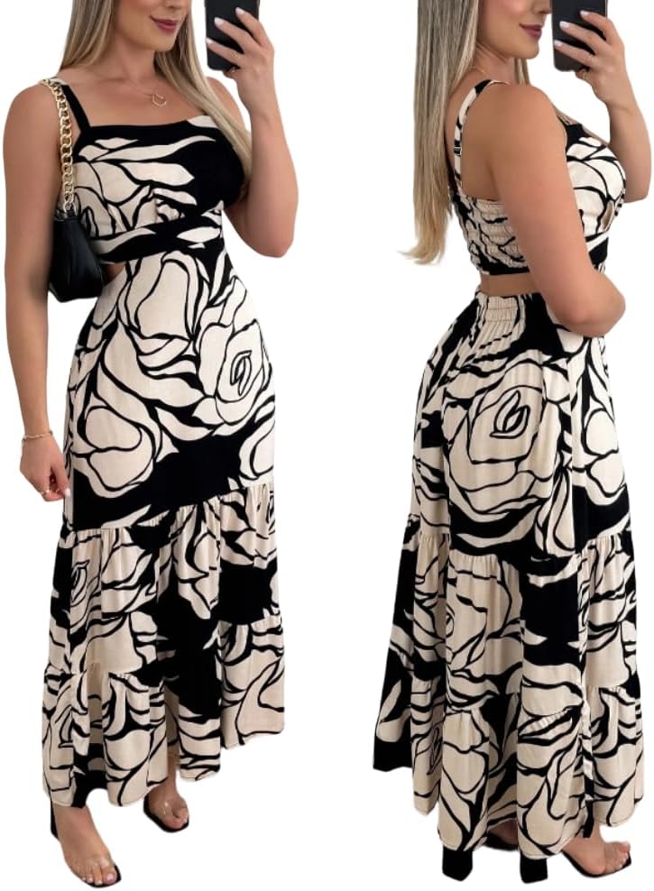 CHICME Summer Dresses for Women 2026 Sleeveless Casual Boho Maxi Dress Square Neck Cut Out Floral A Line Dress