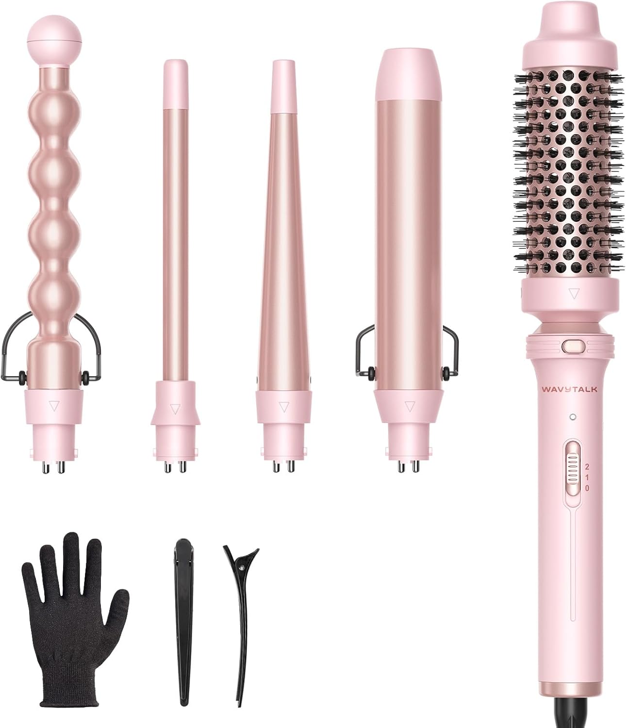 Wavytalk 5 in 1 Curling Iron,Curling Wand Set with Curling Brush and 4 Interchangeable Ceramic Curling Wand(0.5\u201D-1.25\u201D),Instant Heat Up,Include Heat Protective Glove &amp; 2 Clips (Pink)
