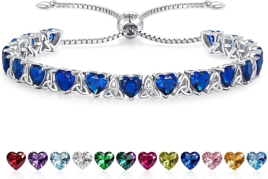 ETERMBOL Birthstone Tennis Bracelets for Women, 925 Sterling Silver Heart Shaped Celtic Trinity Knot, Adjustable Chain 6-8 Inchs Anniversary Birthday Gifts