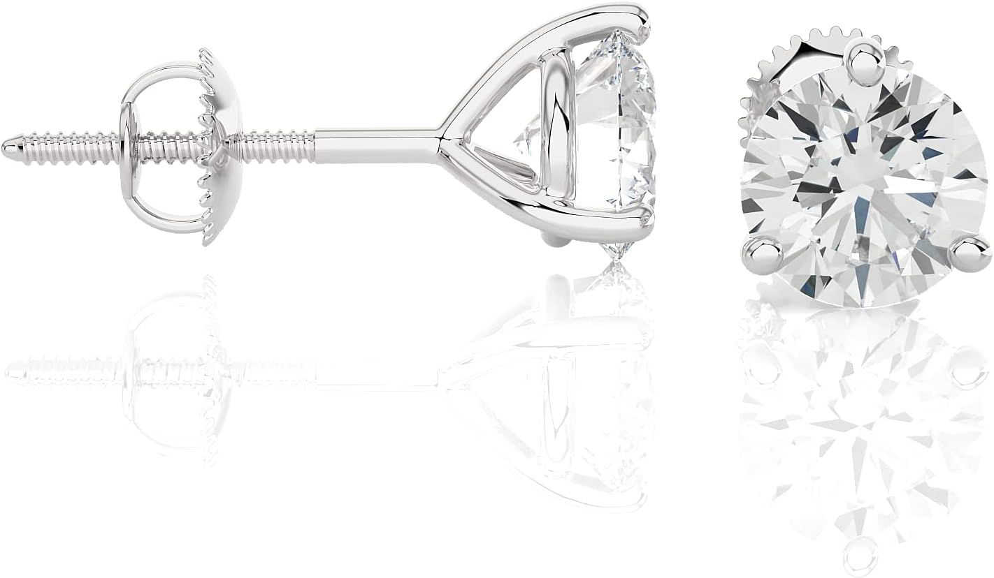 PRIVOSA \u2014 Lab Grown Diamond Stud Earrings for Women - 14K White Gold 3 Prong Martini Set - Screw Back Post - D-E VVS1 VVS2 Round Studs