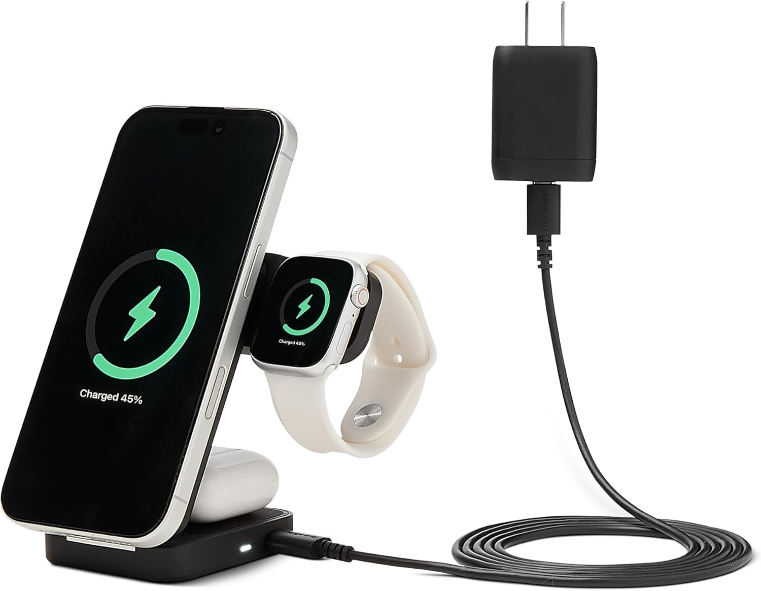 Amazon Basics MagSafe Compatible 25W Fast Charging Qi2.2 Certified 3-in-1 Wireless Charging Station, Foldable Stand for iPhone 17\/16\/15\/14\/13\/12, Apple Watch, AirPods, with 45W Adapter, Black