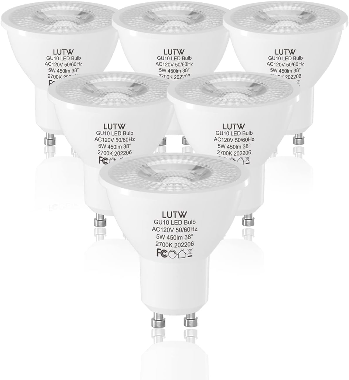 LUTW GU10 LED Light Bulbs Dimmable, 40W Halogen Equivalent, Warm White 2700K 450 Lumen MR16 Shape Spot Light Bulb, 38 Degree Beam Angle LED Replacement Bulbs for Recessed Track Lighting, 6 Pack