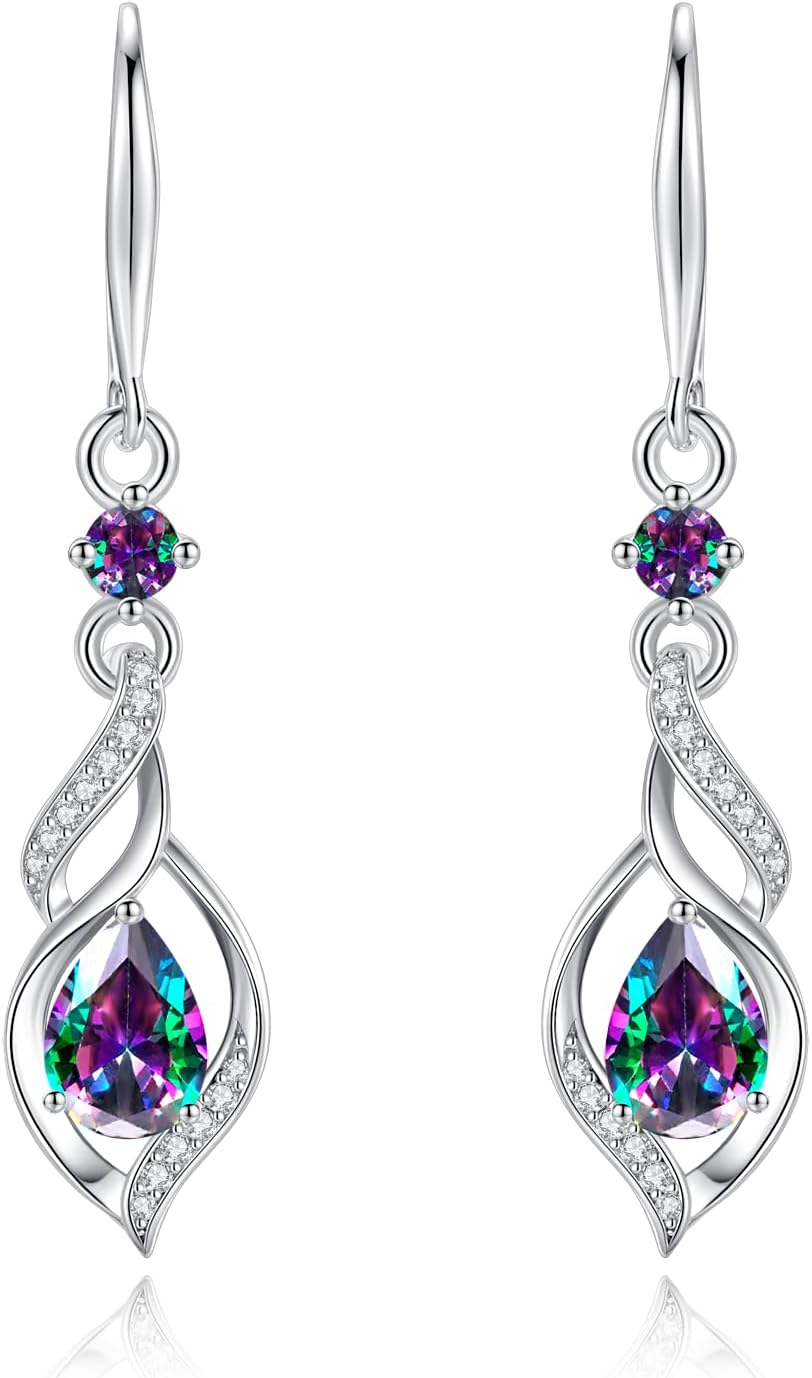 FANCIME Gift for Women Birthstone Dangle Earrings for Her Teardrop Birthstone Earrings S925 Sterling Silver infinity Love Birthday Gifts for Mom Women
