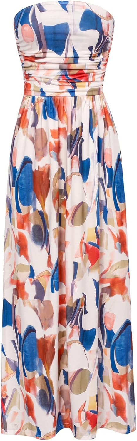 GRACE KARIN Women Strapless Dress Casual Loose Ruched Long Maxi Dress with Pockets