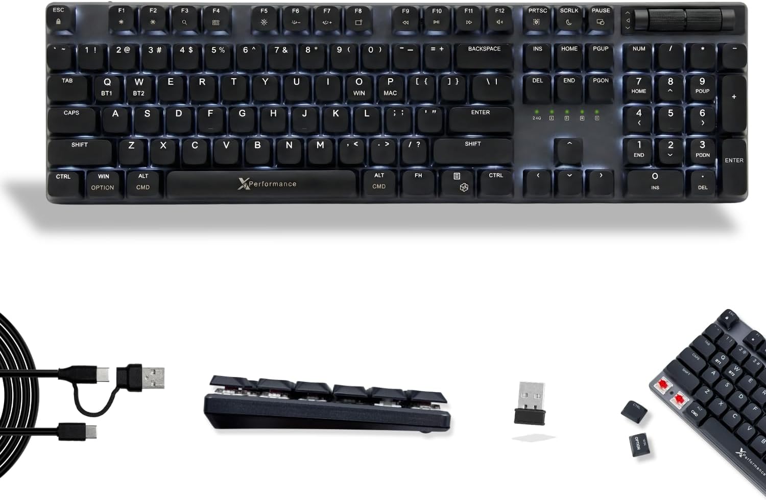 X9 Slim Mechanical Keyboard Wireless \u2013 Low Profile Red Switches, Triple Mode (Bluetooth + 2.4GHz + USB), Full Size 107-Key with Number Pad, Backlit, Rechargeable \u2013 Quiet Typing for Mac and P
