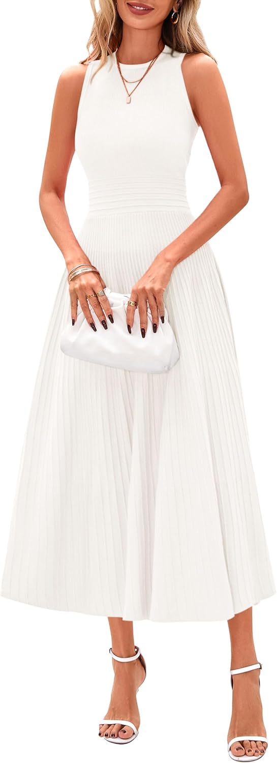 PRETTYGARDEN Spring Casual Dresses for Women 2026 Summer Business Work Midi Sleeveless A Line Pleated Cocktail Dress
