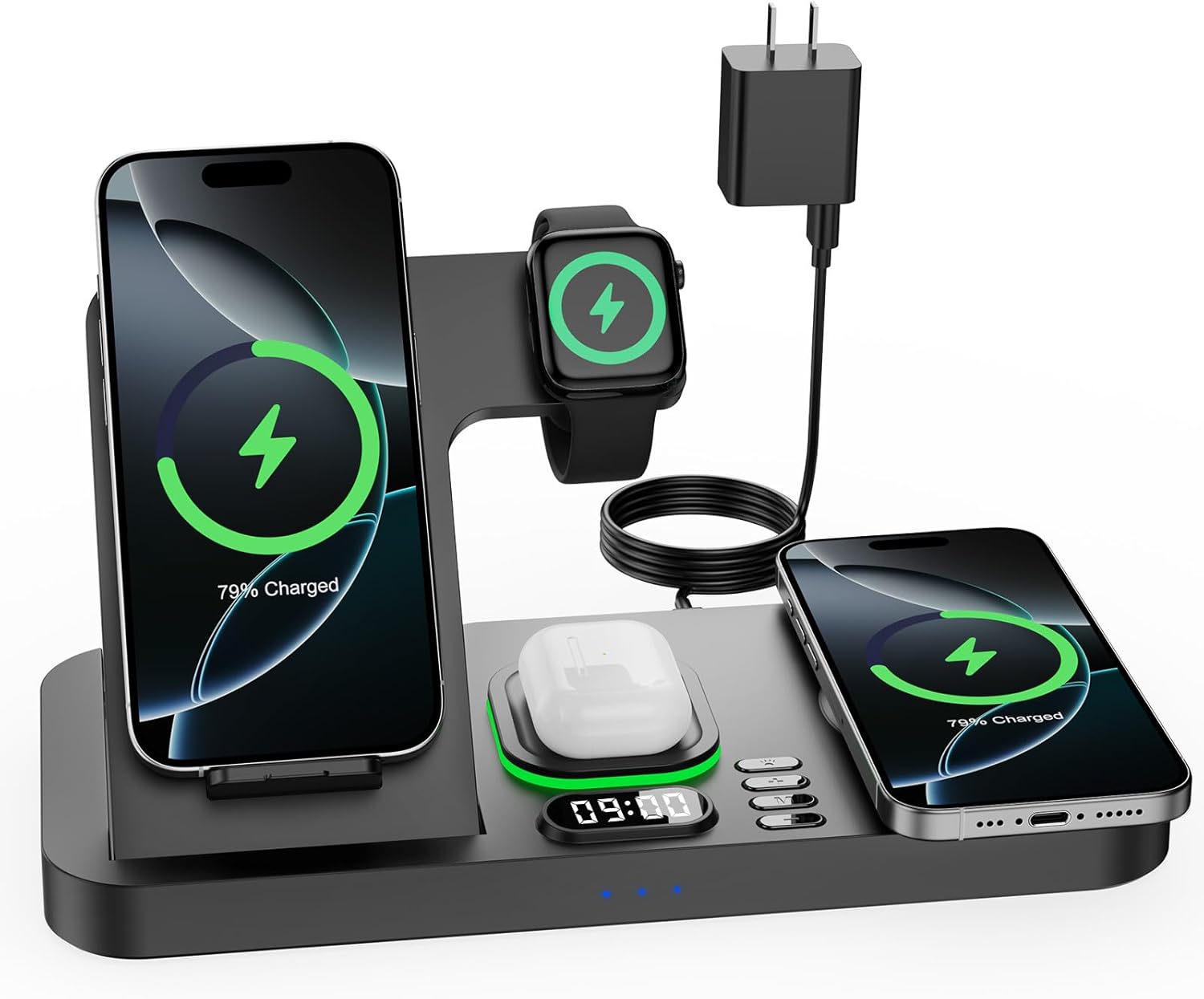 Dual Phone Wireless Charging Station for Apple Devices, Magnetic Charging Station for iPhone with Auto Switch 7-Color Light&amp;Clock, Family Watch Charger for iPhone17 for iWatch11 for AirPods Pro3(B