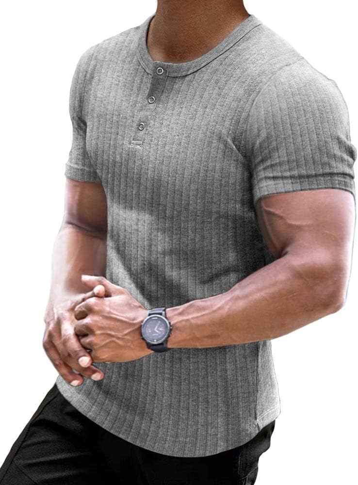 Muscle Cmdr Men's Ribbed Henley Shirt Short Sleeve Slim Fit Muscle Shirt Fitted Cotton Casual Long Sleeve