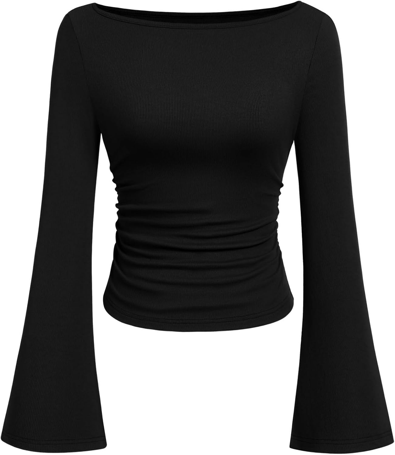 PRETTYGARDEN Womens Long Sleeve Shirts 2026 Spring Crop Going Out Tops Casual Boat Neck Bell Sleeve Ribbed Ruched Y2K Clothes