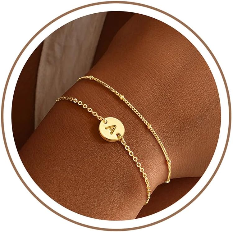 MONOZO Gold Initial Bracelets for Women Girls Jewelry Gifts - Dainty 14K Gold Plated Layered Beaded Letter Bracelet 26 Alphabet Disc Monogram Initial Bracelets Birthday Gifts for Women Girls Teens