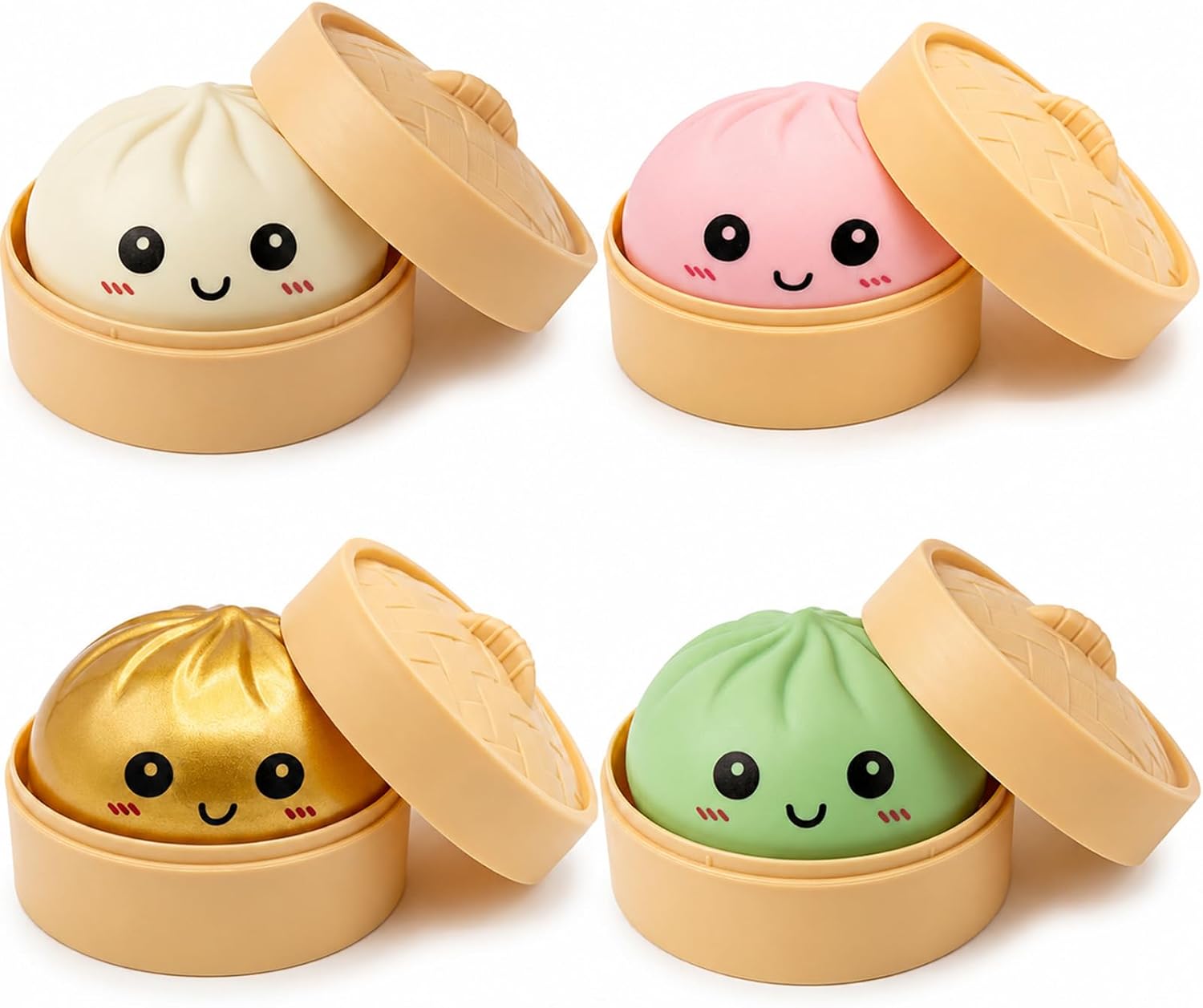 Crossunx 4 PCS Pastel Dumpling Squishies Stress Balls, Colorful Squishies Dumpling Fidget Sensory Toy with Food Steamer, Squeeze Dough Ball for Stress Relief, Stretchy Desk Toys Gift