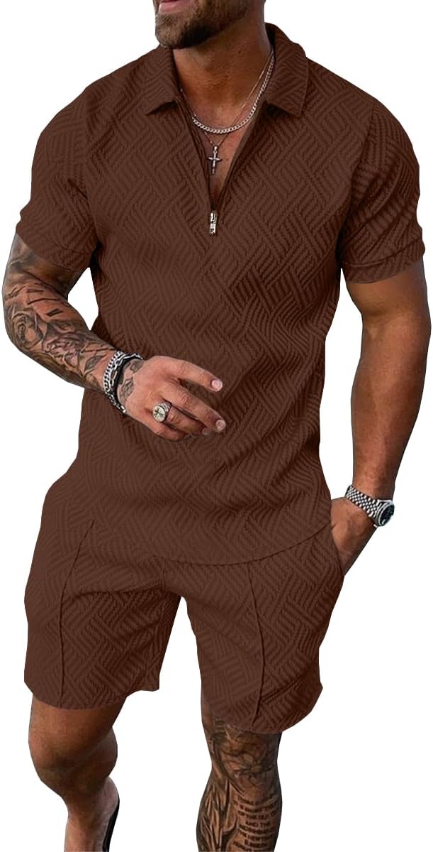UOUA Mens Summer Track Suits 2 Piece Shorts Sets Short Sleeve Sweatsuit Outfits 1\/4 Zip Golf Polo Shirts Loungewear