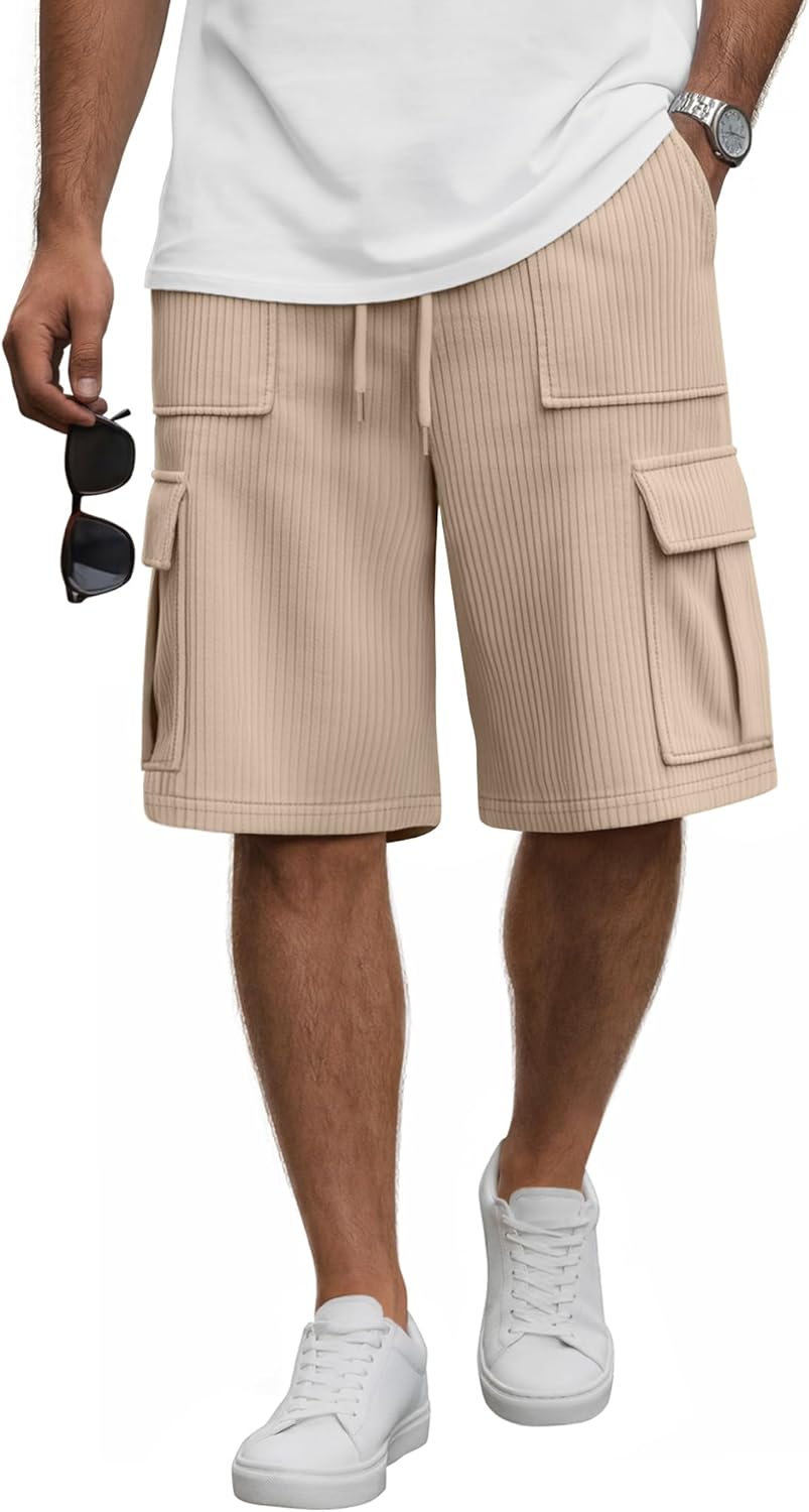August Alley Mens Corduroy Cargo Shorts Casual 9 Inch Lightweight Shorts Elastic Waist Drawstring Summer Short with Pockets
