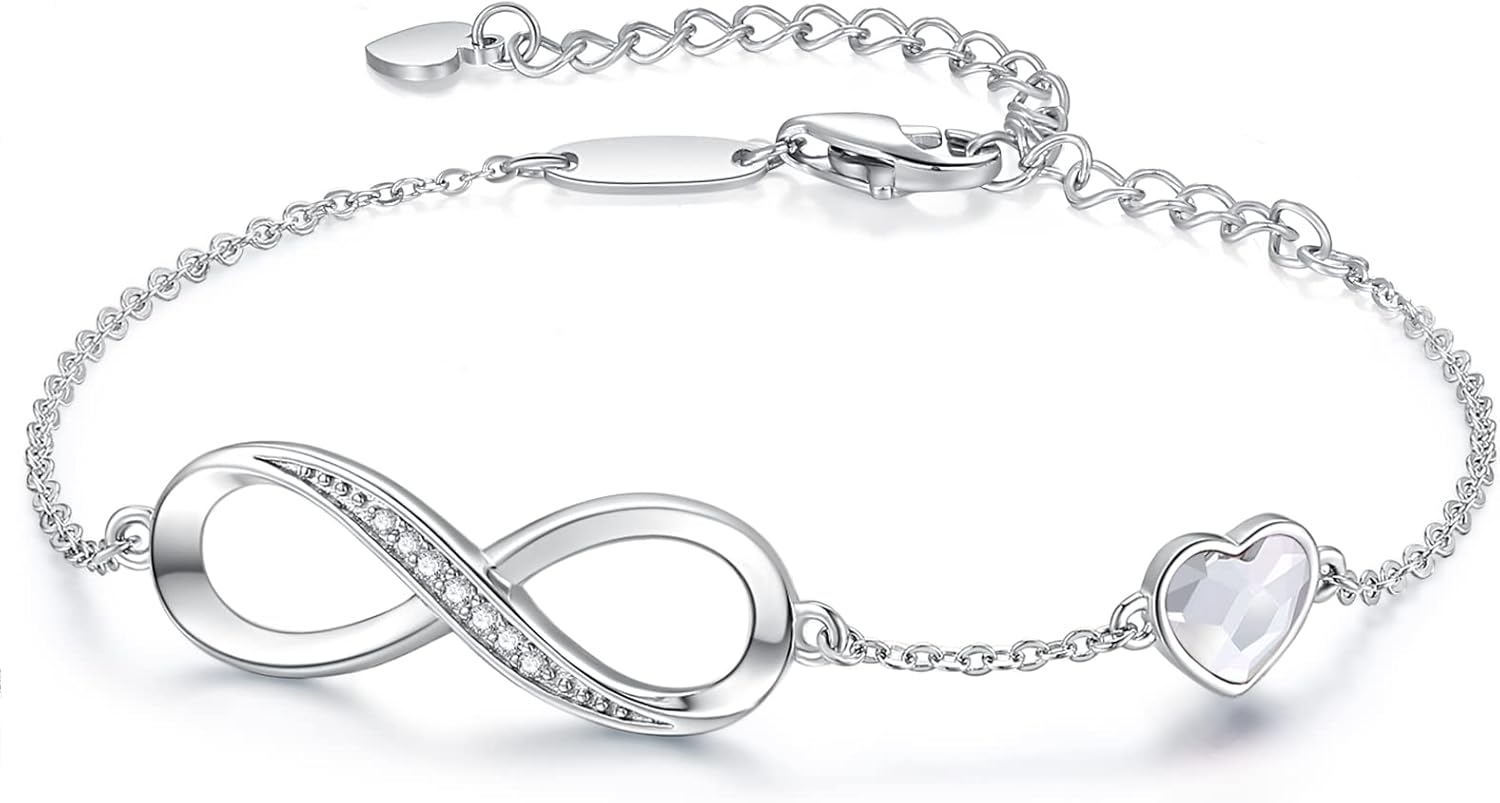 Mothers Day Gifts Infinity Heart Birthstone Charm Link Bracelet for Women 925 Sterling Silver Adjustable Mother's Day Valentine's Day Christmas Day Gift Anniversary Birthday Jewelry for Wife G