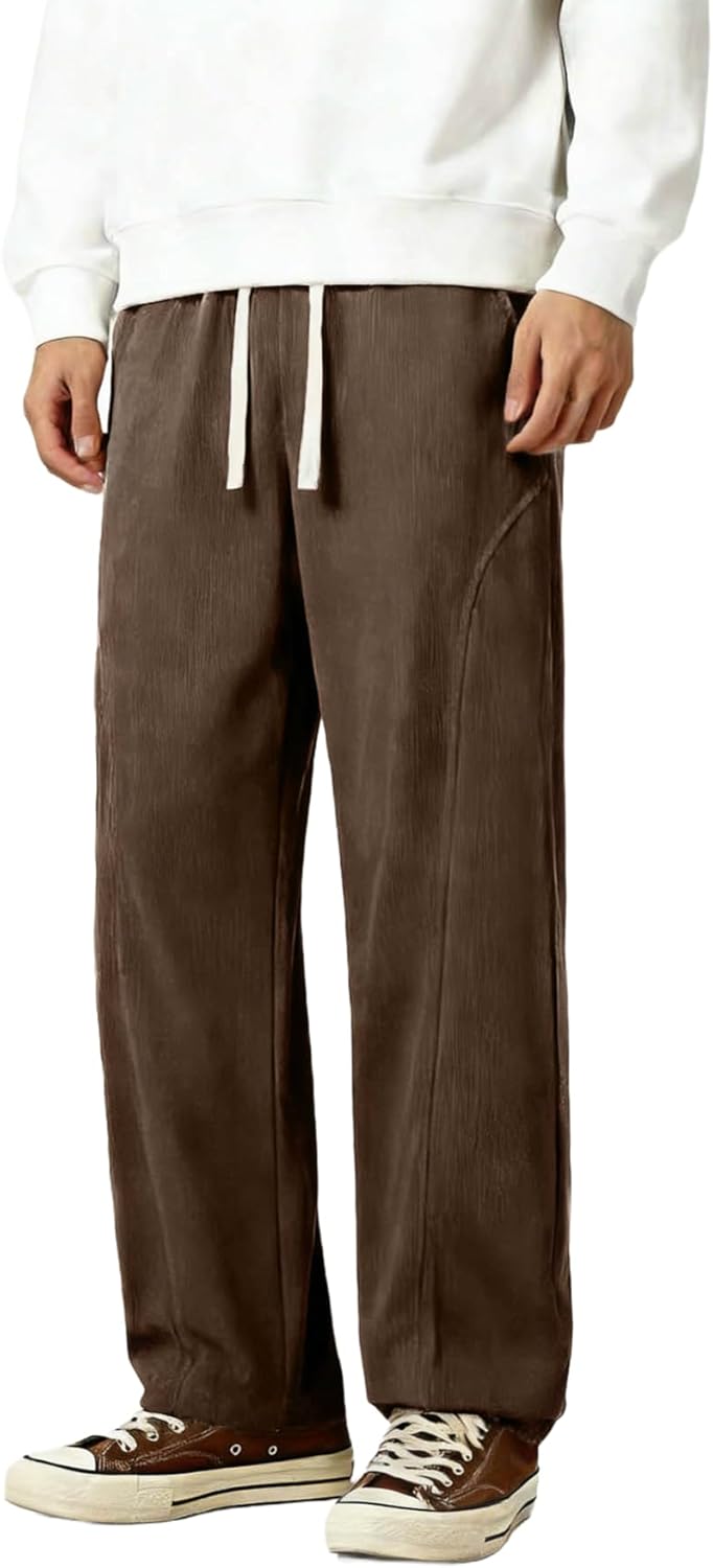 Elegant Seal Men's Corduroy Wide Leg Fashion Casual Pants Loose Fit Baggy Straight Sweatpants Elastic Waist Drawstring