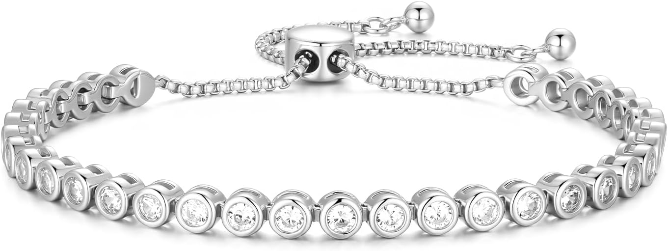 FANCIME 925 Sterling Silver Cubic Zirconia Adjustable Tennis Bracelet for Women, 14K Gold Plated Bolo Slider Bracelet Fine Jewelry Birthday Gifts for Mom Wife Her