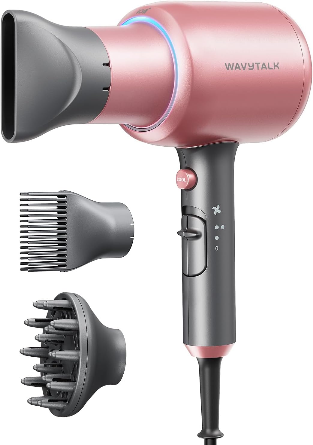 Wavytalk Hair Dryer, Blown Away Ionic Hair Dryer for Curly Hair with Diffuser, 1875W Fast Drying Blow Dryer with Ceramic Technology, 3 Attachments for All Hair Types, Light and Quiet, Rose Gold