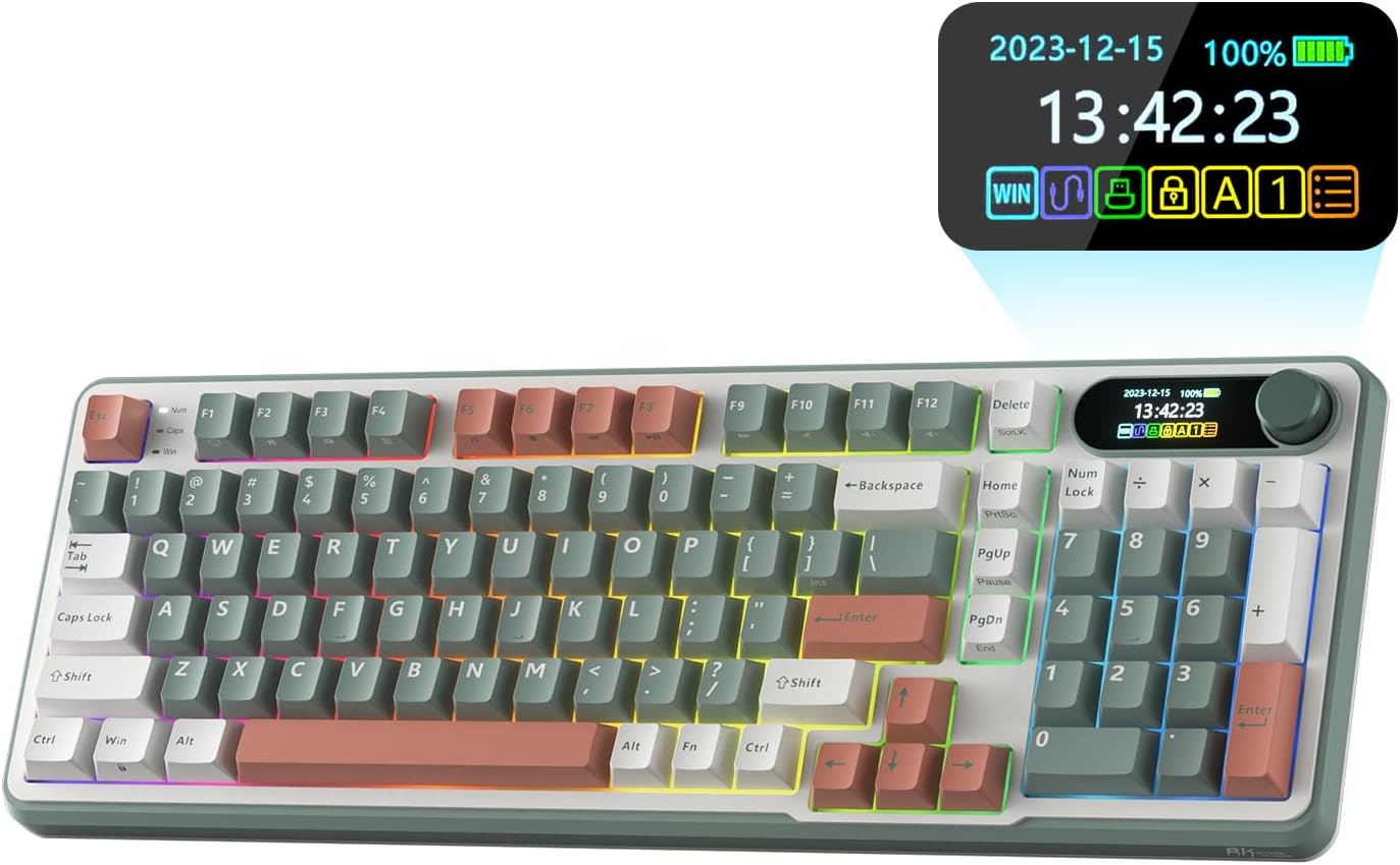 RK ROYAL KLUDGE S98 Mechanical Keyboard w\/Smart Display &amp; Knob, Top Mount 96% Wireless Mechanical Keyboard BT\/2.4G\/USB-C, Hot Swappable, Software Support, Creamy Sounding, 98 Keys