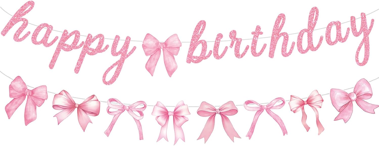 Pink Bow Happy Birthday Banner Garland for Girl Pink White Bow Party Decor Coquette Birthday Party Decorations