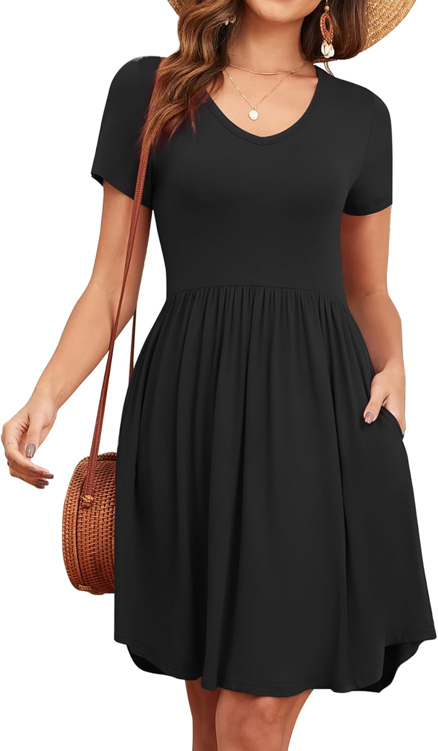 YVH Women's 2026 Summer Short Sleeve Dresses Casual Loose Fit Swing T Shirt Dress V Neck Sundress with Pockets