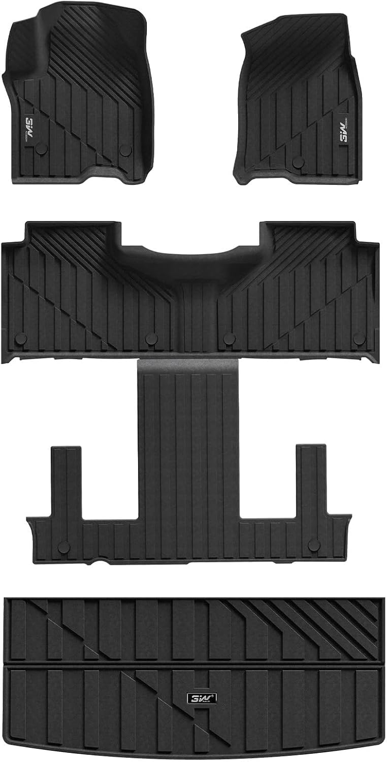 3W Floor Mats &amp; Cargo Liner Fit for 2021 2022 2023 2024 2025 2026 Chevy Tahoe\/GMC Yukon\/Cadillac Escalade 7 Seat, TPE All Weather Custom Fit Car Accessories Heavy Duty Rubber Full Set Trunk Mats