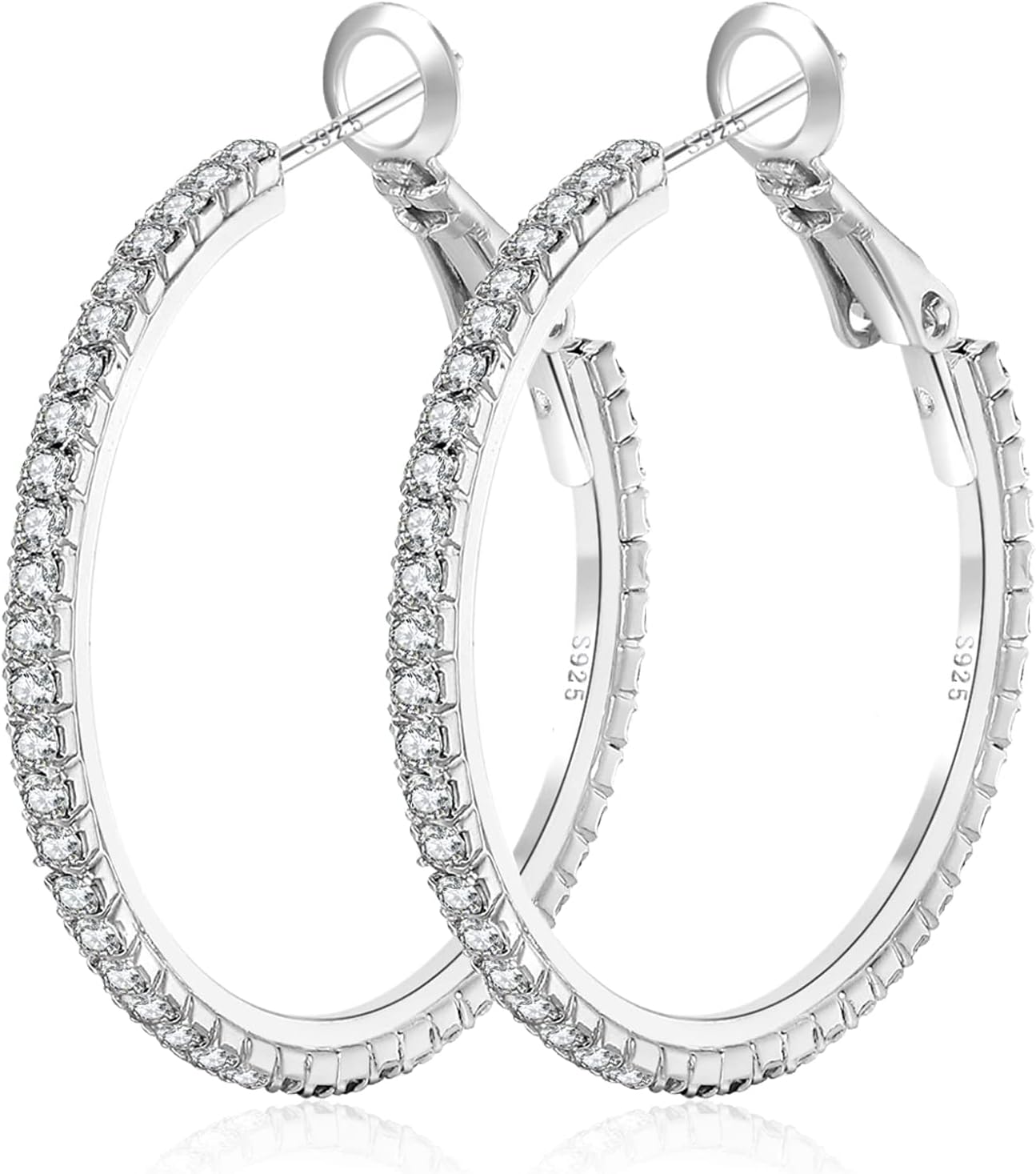925 Sterling Silver Earrings Large Rhinestone Hoop Earrings Big Cubic Zirconia Hoop Earrings Thin Rhinestones Round Hoop Earrings for Women 20\/30\/40\/50\/60\/70mm Sparkly Hoops With Crystals for Wom