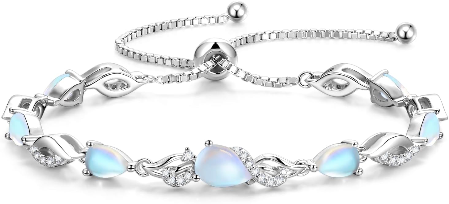 FANCIME Birthstone Teardrop Tennis Bracelet for Women, Sterling Silver 9x7mm main Gemstone Bolo Adjustable Chain Bracelet Fine Jewelry Birthday Gifts for Women Mom Wife Her